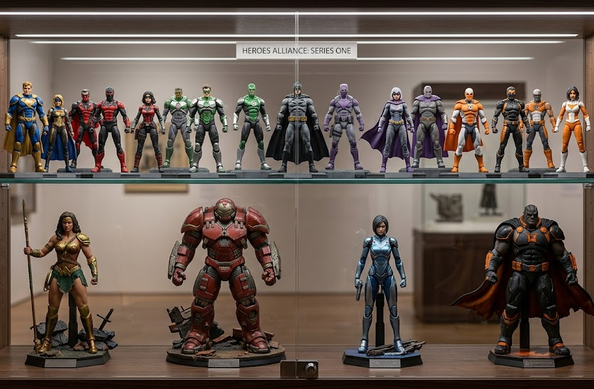 Collector display with team lineup figures and larger centerpiece figures