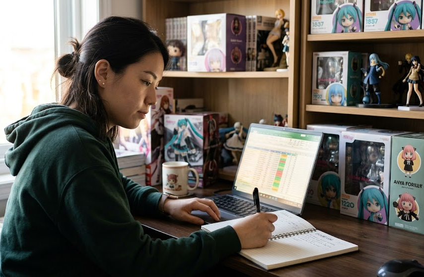 Anime figure collector organizing a personal release tracking spreadsheet