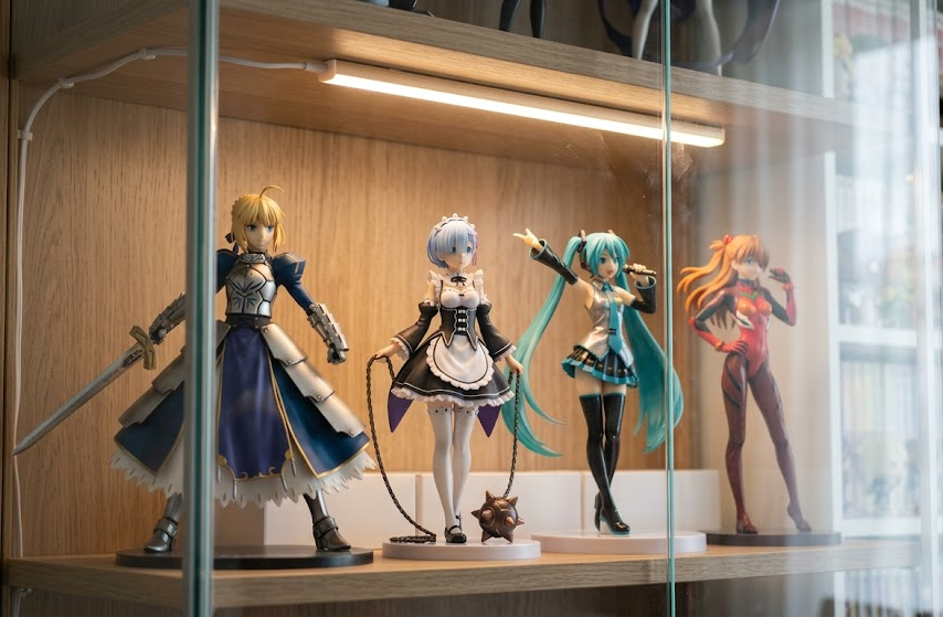 Anime figure shelf with low-heat LED bar and clean cable routing