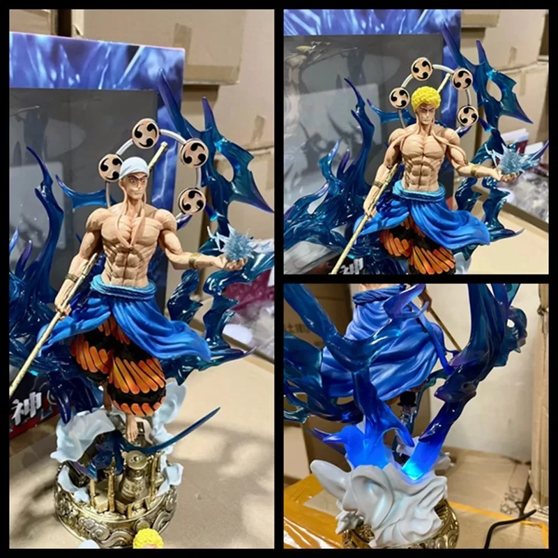 38cm Anime One Piece Gk Thor Enel Double Head Carving Luminous Statue Box Collection Handmade Toy Gift